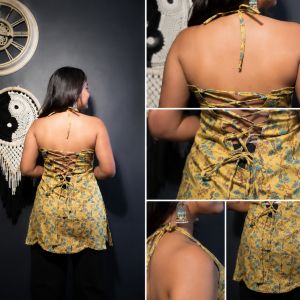 Women’s Mustard Floral Printed Halter Neck Lace-Up Peplum Top
